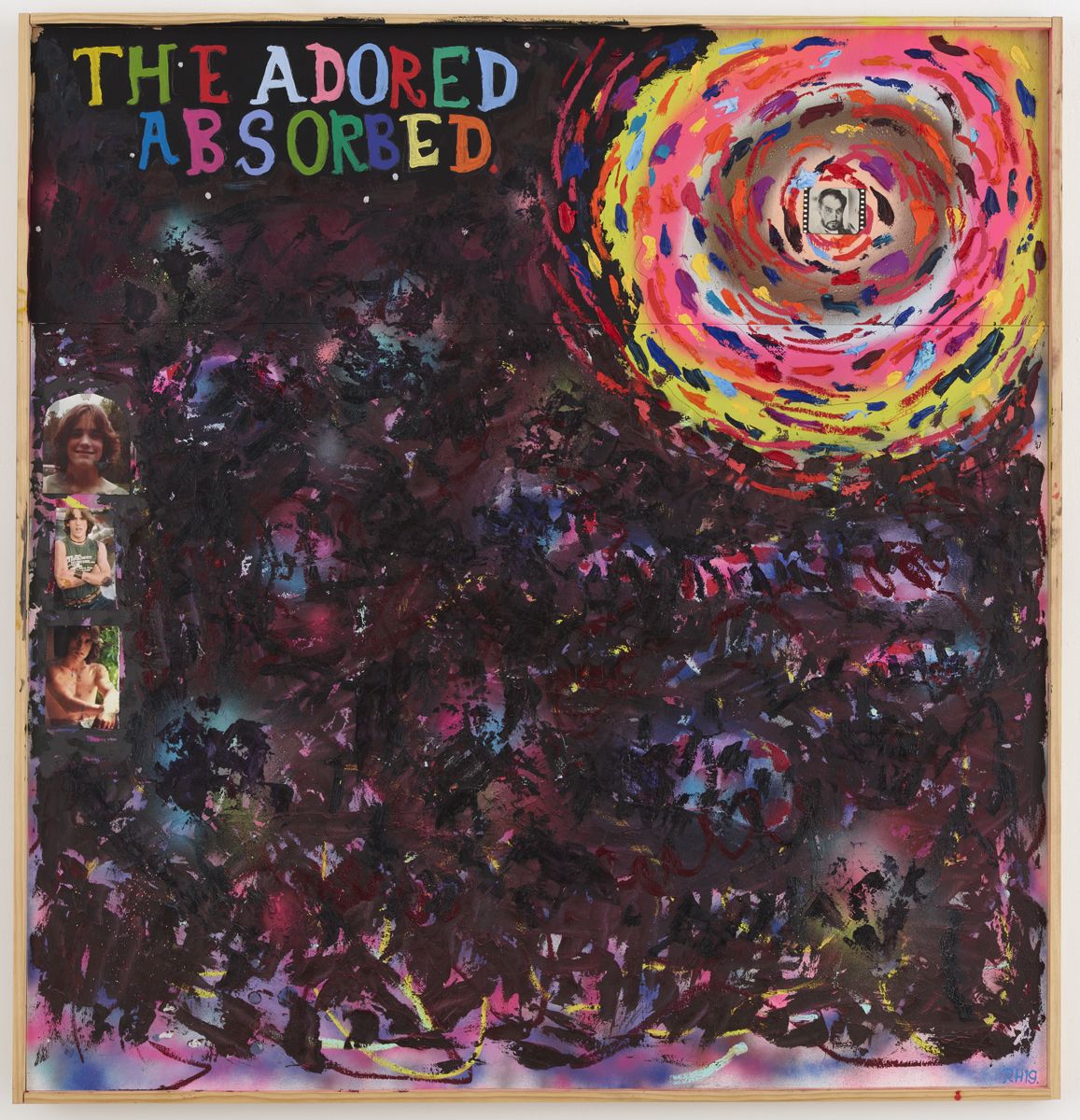 Or, Rather, the Adored’s Resistance to the Incorporating Undertow of the One Who Adores, 2019, Acrylic, oil stick and collage on panel, 51 x 49 x 1 1/2 inches (129.5 x 124.5 x 3.8 cm)