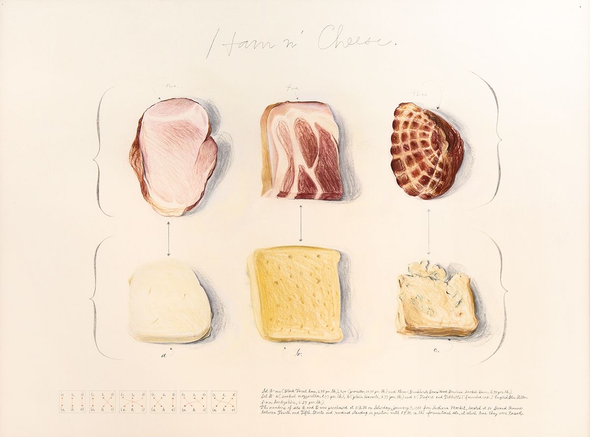 Candy Jernigan, Ham n' Cheese, 1988, Graphite and colored pencil on paper, Paper: 22 x 30 inches (55.9 x 76.2 cm), Frame: 26 1/2 x 33 3/4 x 3/4 inches (67.3 x 85.7 x 1.9 cm)