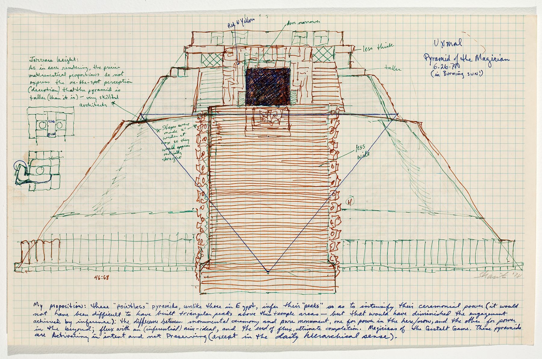 Paul Sharits, Uxmal Pyramid of the Magician, 1978, colored ink on paper, 11 x 17 1/2 inches