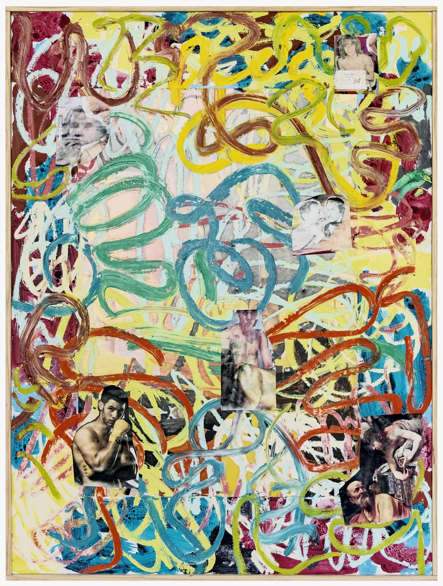 A Lure Painting #2, 2019, Oil stick and collage on panel, 48 3/4 x 36 3/4 x 1 1/2 inches (123.8 x 93.3 x 3.8 cm)