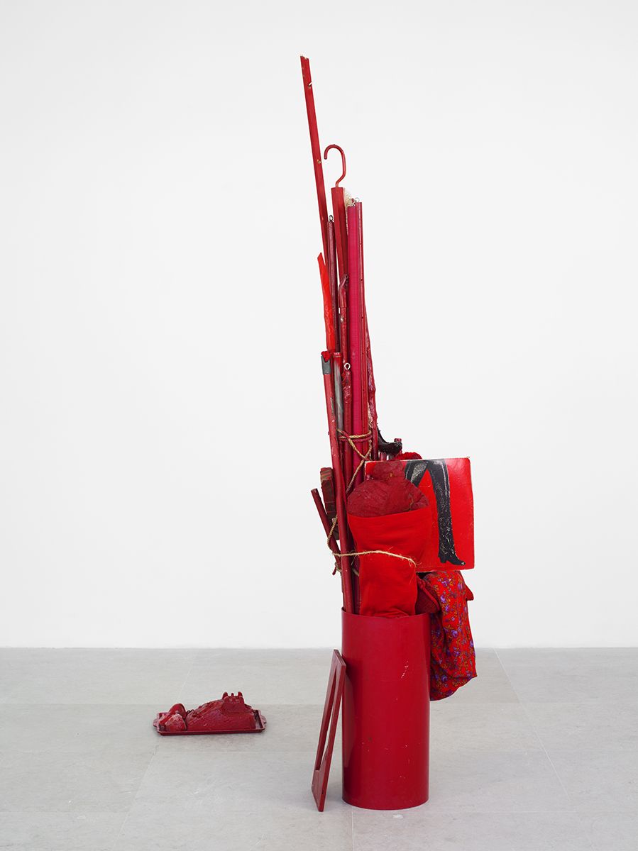 Rachel Harrison Green, 1992/2011 Wood, mop handle, bamboo, branch covered in paper mâché, plastic bin, aluminum baking tray, telephone, LP cover, resin banana, ceramic, telephone cord, wool (sock), foam, toy tow truck, wood clothespin, playing cards, sandwich bag, plastic cutlery, plastic straws, rope (different types), tape, wire, yarn, lace, polyester fabric, elastic cord, eye-Hooks, key ring, cotton, acrylic, television and video (Borscht Schoolhouse (with Jonathan Horowitz), 23:13 min, color, silent) Dimensions variable