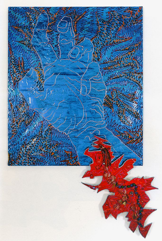 Paul Sharits Infected Hand III, 1982 Acrylic on blue Mylar, mixed media, foam core attachment 62 x 43 inches (157.5 x 109.2 cm)