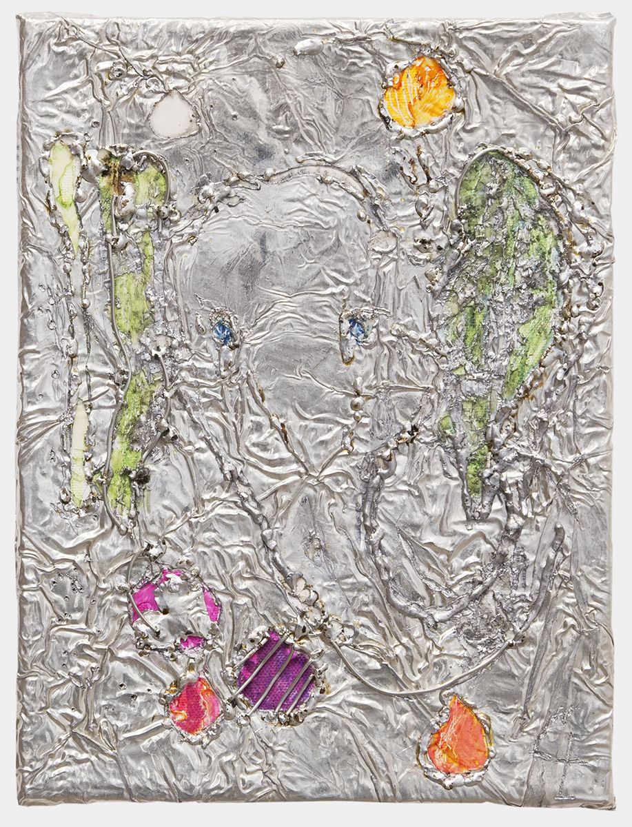 Josef Strau, Confession, 2018 Tin plate, tin wire, acrylic on canvas 12 1/4 x 9 1/4 inches (31.1 x 23.5 cm)