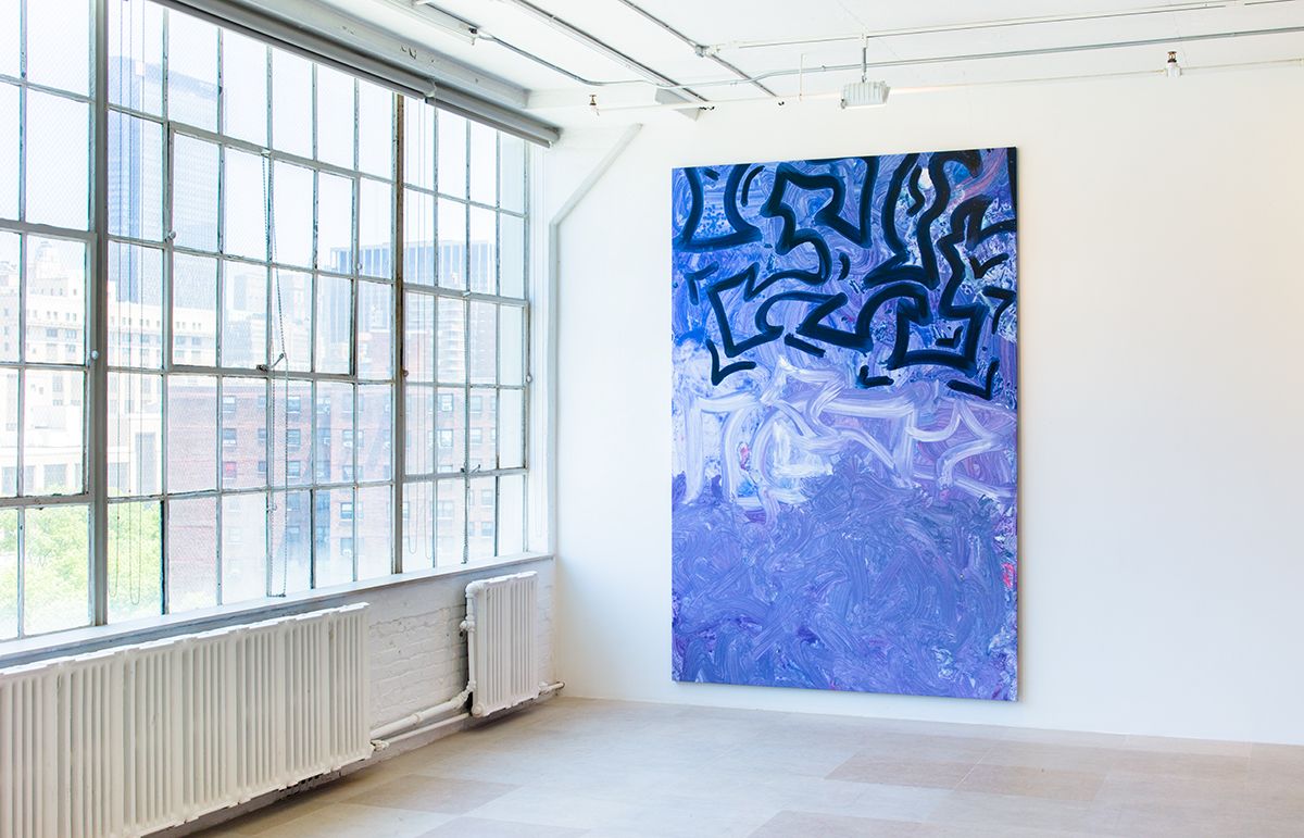 Untitled, 2014, Oil on linen, 118 1/8 x 78 3/4 inches, Ida Ekblad, Installation view, Greene Naftali, New York, 2014