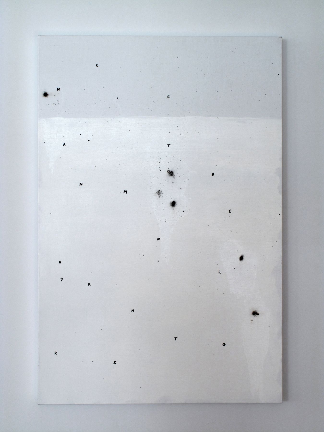 josef strau, The Assistant (3), 2008, ink letters, ashes, acrylic and adhesive on canvas, 36 x 24 inches