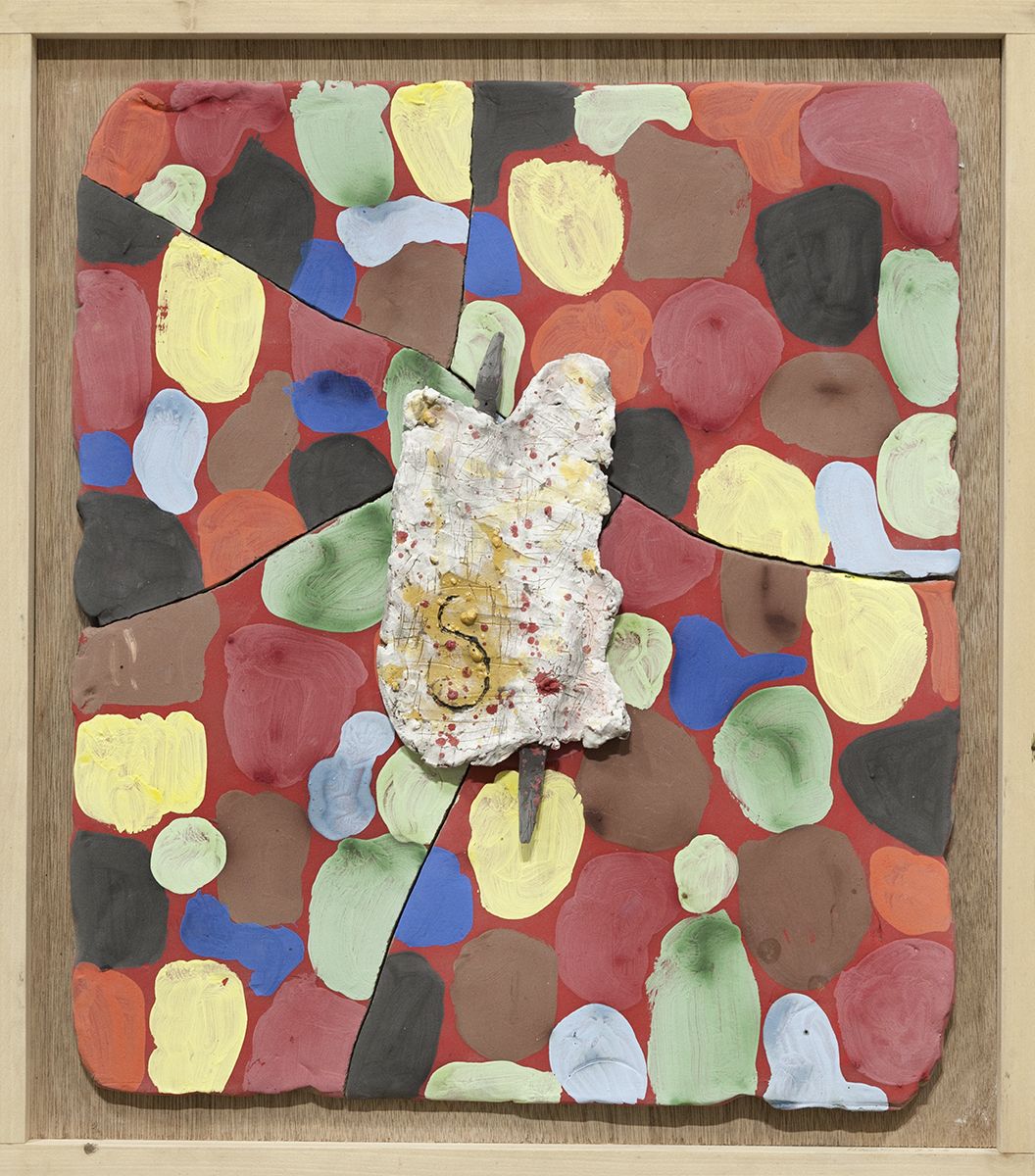 Richard Hawkins Mystical Spike and Cum Rag Defense, 2016 Glazed ceramic in artist's frame 25 3/4 x 22 3/4 x 2 1/2 inches (65.4 x 57.8 x 6.4 cm)