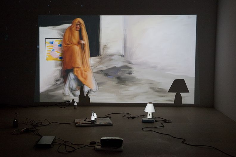The Story of Painting, 2012, 3-D video slideshow with 3-D glasses, two acrylic-on-canvas paintings, computer speaker, lamp, painted bottles and painted foam pieces, 19:01 min, color, sound, Dimensions variable