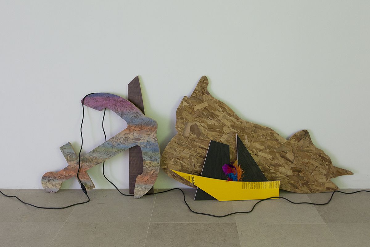 Hilary Lloyd Seascape, 2017 Oriented strand board, black-stained Baltic wood, laminated plywood, ostrich feathers Dimensions variable