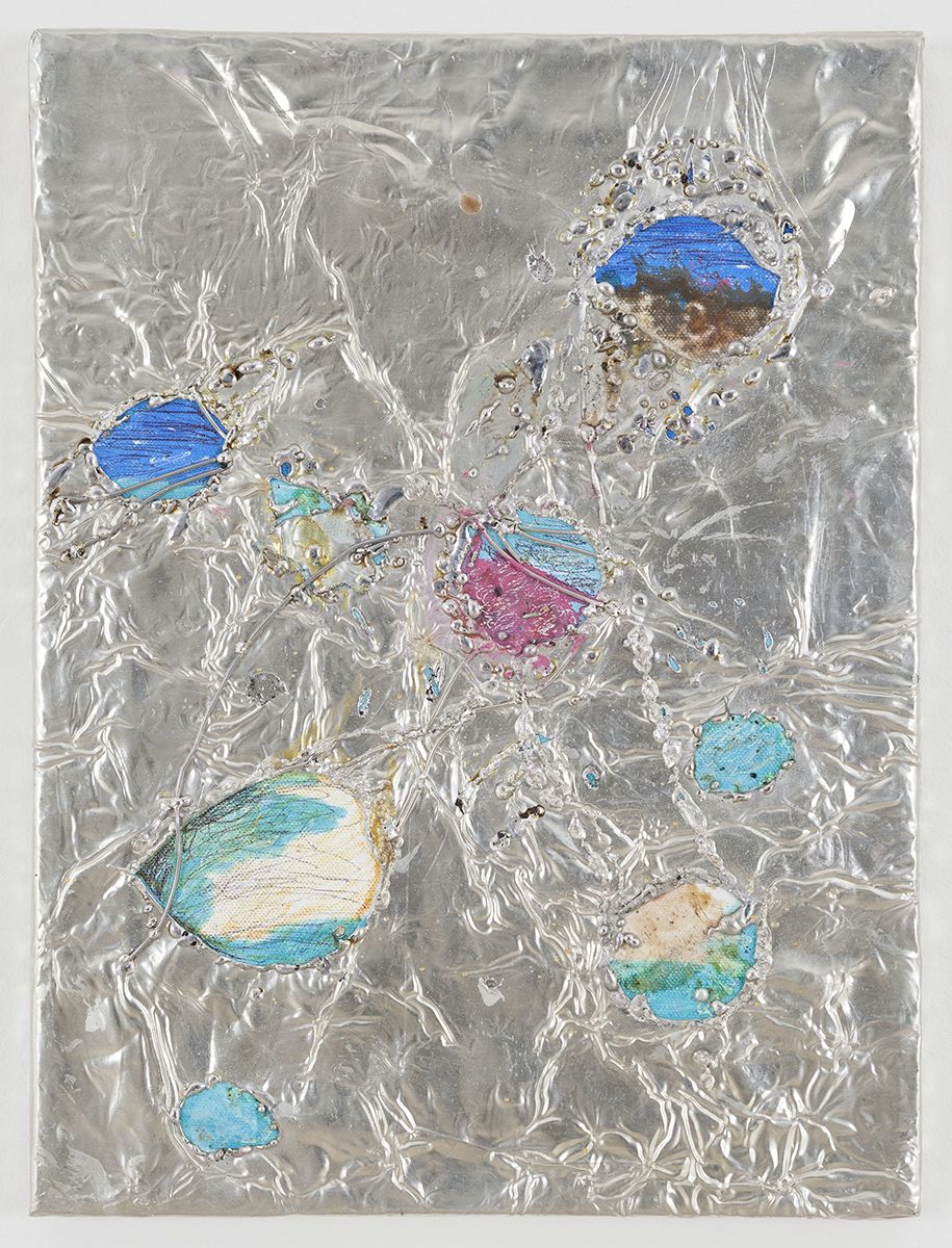 Josef Strau Grief, 2018 Tin plate, tin wire, acrylic, ballpoint pen on canvas 16 1/4 x 12 1/4 x 1 inches (41.3 x 31.1 x 2.5 cm)