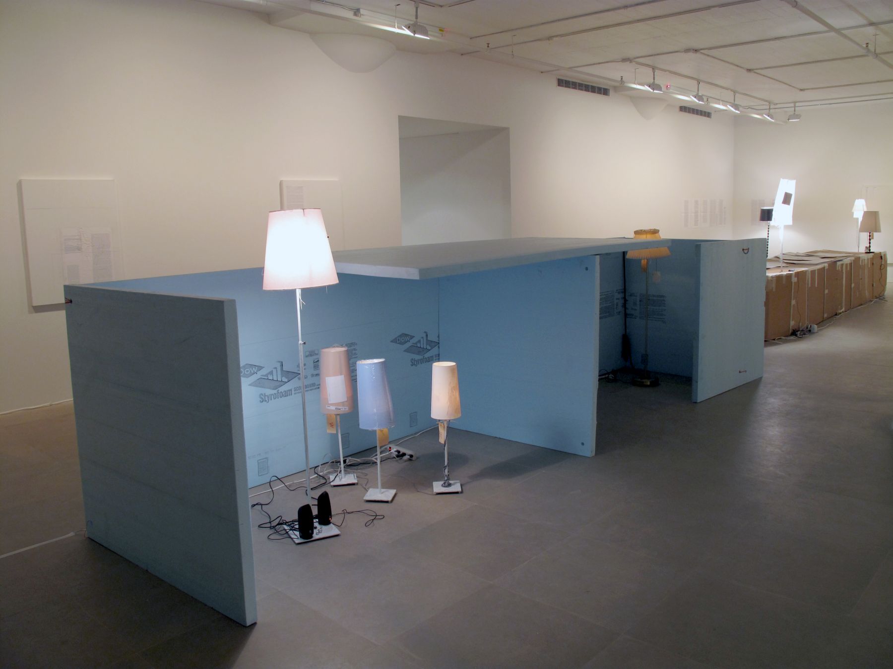 E+N: Model for a Foldable Double Performance Sukka for Artists Working Both with Group and with Non-Group, 2008, mixed media lamps, Styrofoam boards, string, rope, mp3 players, Overall: 60 x 51 x 210 inches