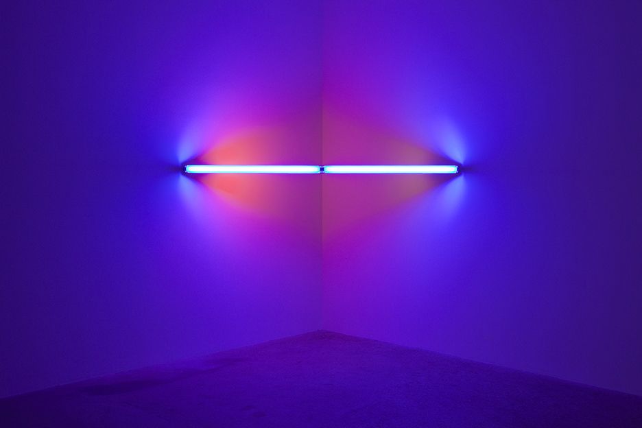 Dan Flavin Untitled, 1969 Two 48-inch blue, two 24-inch pink, one 24-inch yellow lights and fixtures 96 inches across the corner (244 cm across the corner)