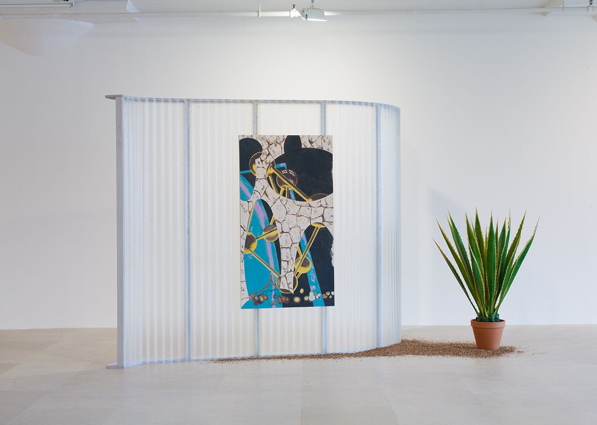William Leavitt, Body Space, 2012, Acrylic on canvas, fiberglass, wood, artificial plant, and vermiculite, 89 3/4 x 156 x 73 inches