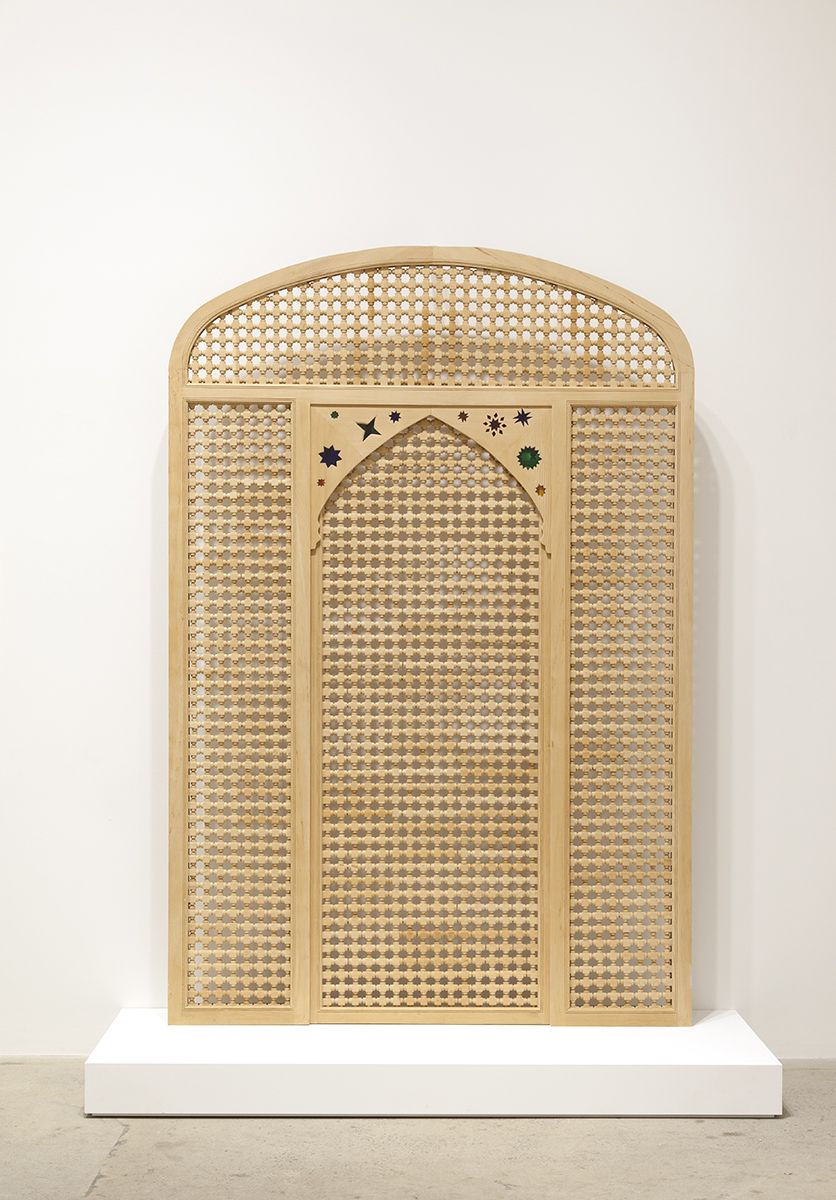 Katharina Wulff Tifaout ntitrit, 2014 Mashrabiya, Cedar wood, Iraqi glass 93 1/2 x 62 5/8 x 1 13/16 inches (237.5 x 159.1 x 4.6 cm)
