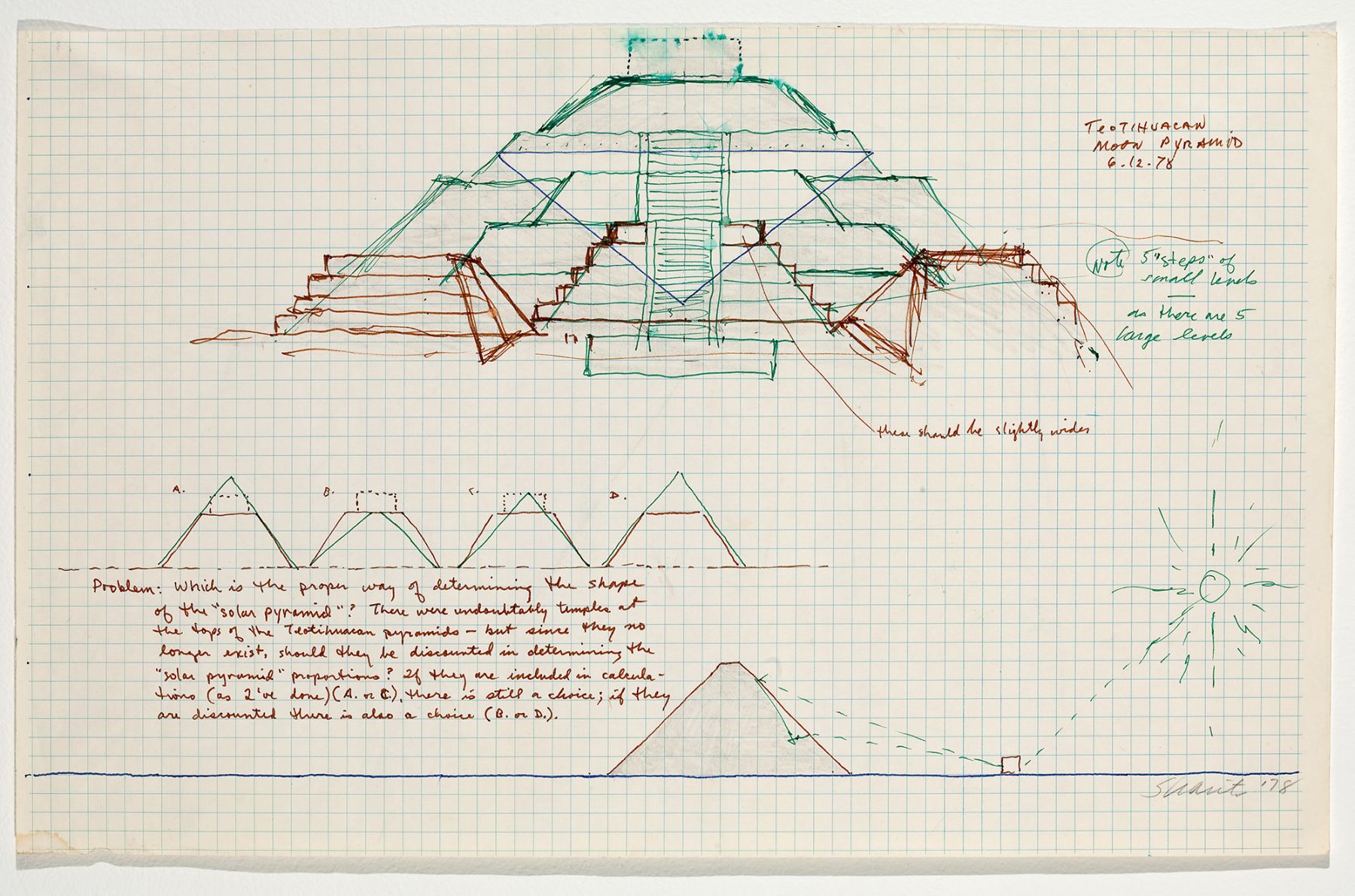Teotihuacan Moon Pyramid, 1978, colored ink on paper, 11 x 17 1/2 inches