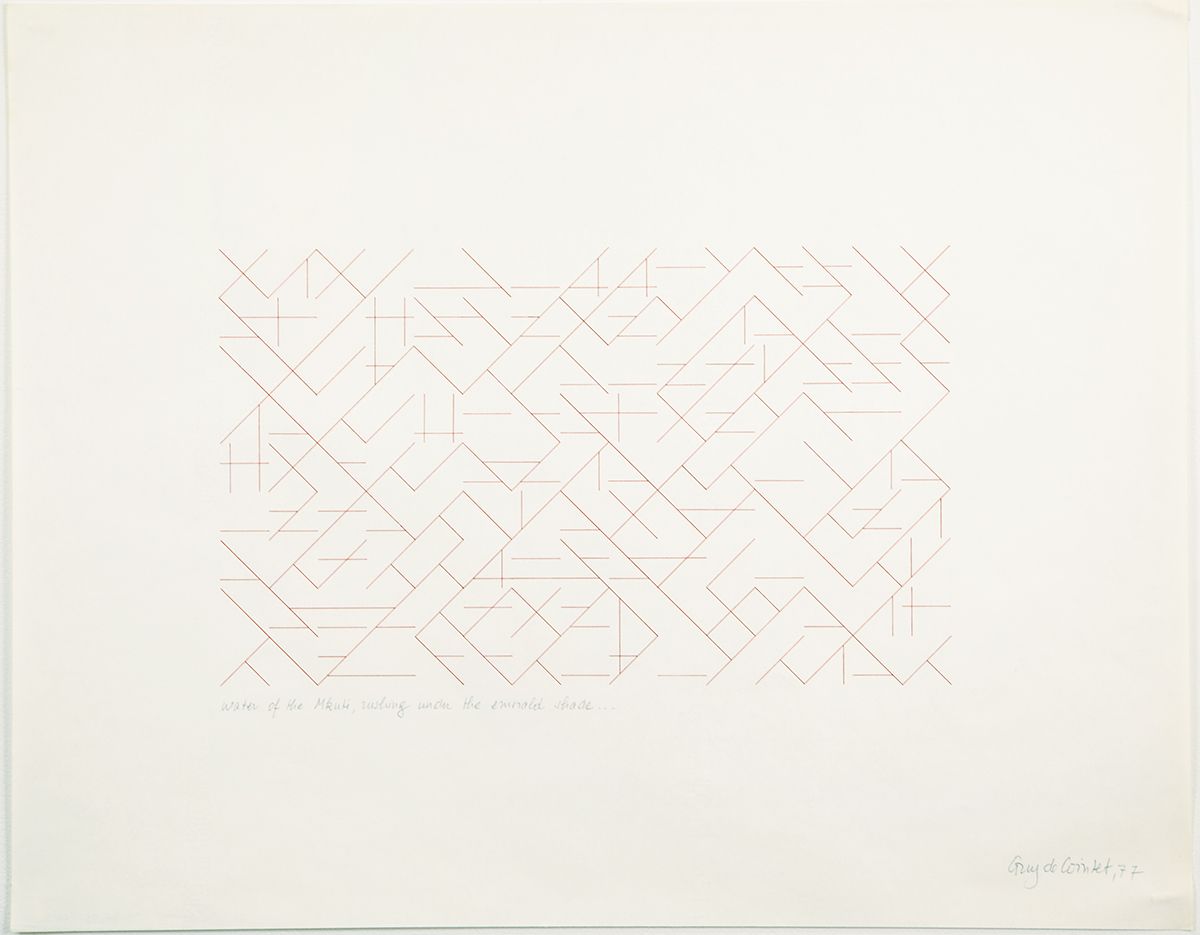 Water of the Mukti, rushing under the emerald shade, 1977, ink and pencil on paper