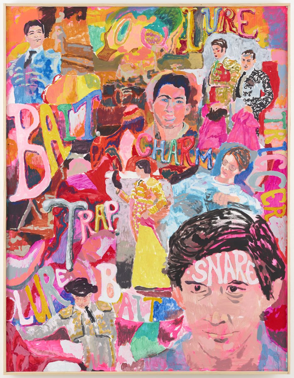 Coming to Grips with Dick Pic Addiction, 2019, Acrylic and oil on panel, 79 1/4 x 61 x 2 1/4 inches (201.3 x 154.9 x 5.7 cm)