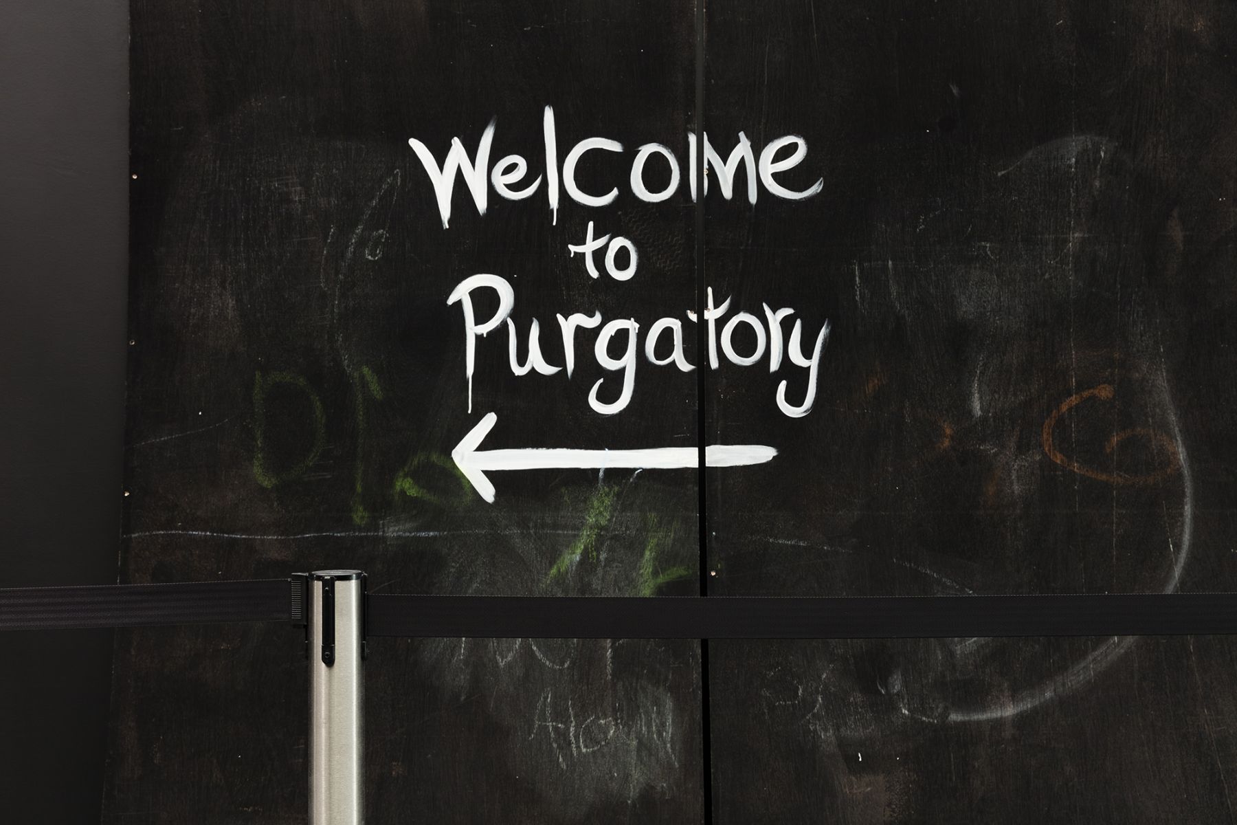 Lutz Bacher Welcome to Purgatory, 2014 Black, white, green, or red paint on plywood panels 54 panels, 96 x 48 inches (243.8 x 121.9 cm) each