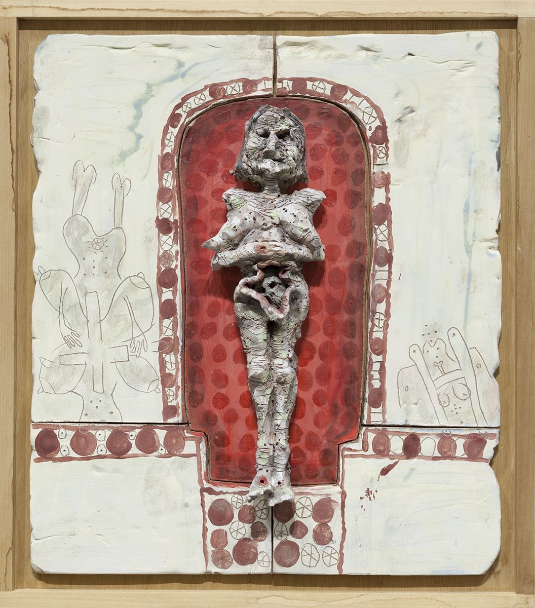Richard Hawkins Norogachian Prostitute Priestess of the Sun, 2016 Glazed ceramic in artist's frame 25 3/4 x 22 3/4 x 3 1/2 inches (65.4 x 57.8 x 8.9 cm)