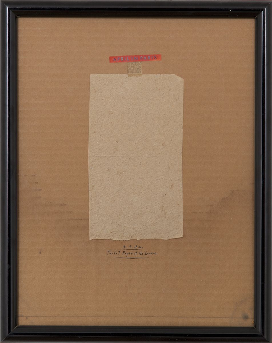 Candy Jernigan, April in Paris, Toilet Paper of the Louvre, April 6, 1982, Collage on corrugated cardboard, 14 1/2 x 11 1/2 x 1 inches (36.8 x 29.2 x 2.5 cm)