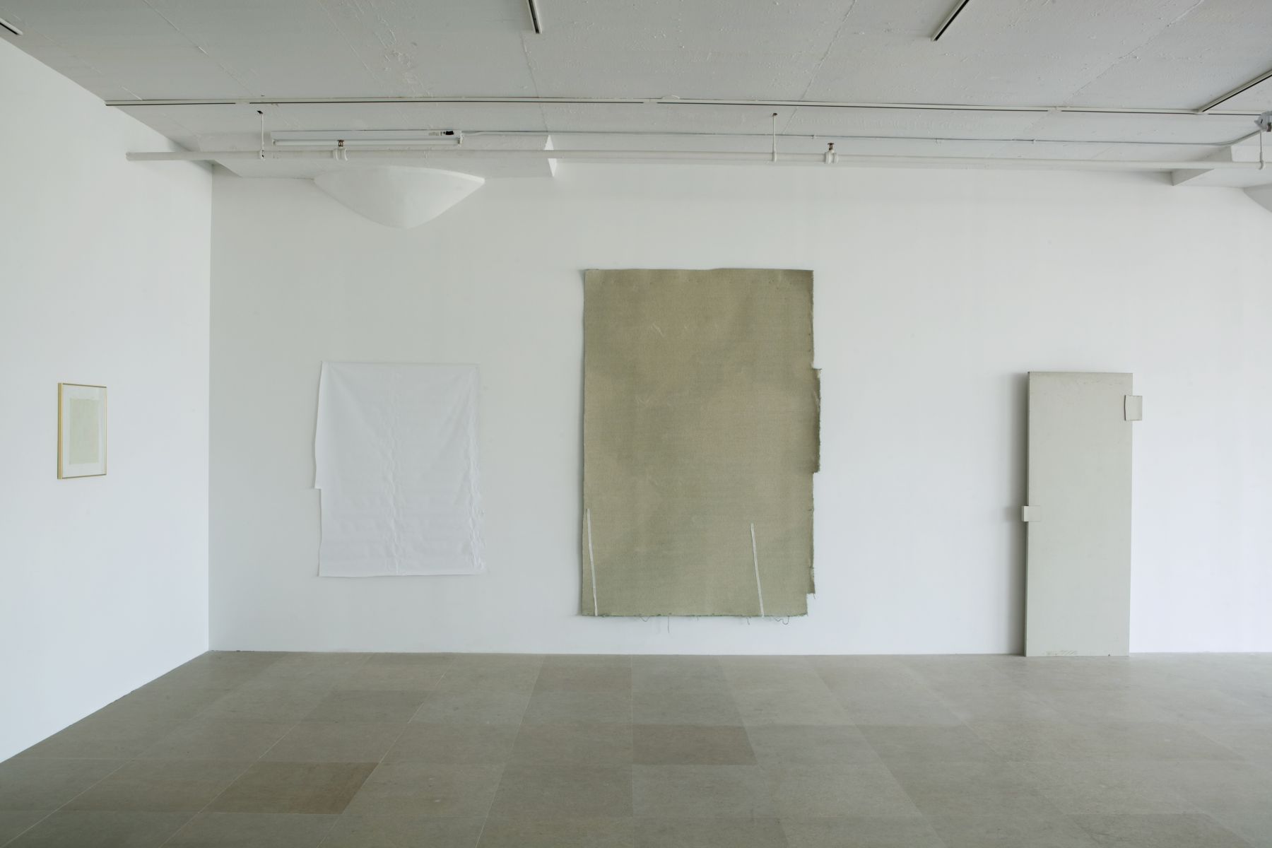 Gedi Sibony, From Center, and Skinny Legs Satisfying The Purposes Completely, Her Trumpeted Spoke Lastly, 2010, hollow-core door, paint, carpet, tape, vinyl, matted drawing reversed in frame, 120 x 120 x 288 inches overall footprint