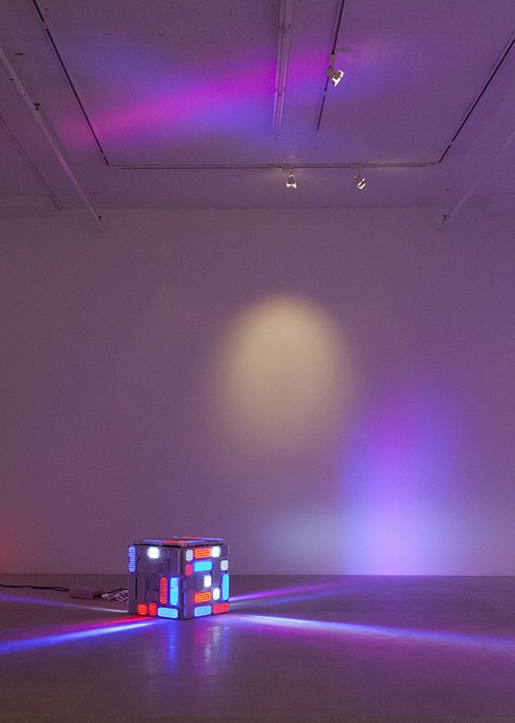 Michael Fullerton, Working Maquette for a Sculpture Entitled "Formalism - Sucking Corporate Cock Since 1968", 2013, Police strobes, pedestal, electrical components, 19 1/2 x 19 1/2 x 19 1/2 inches