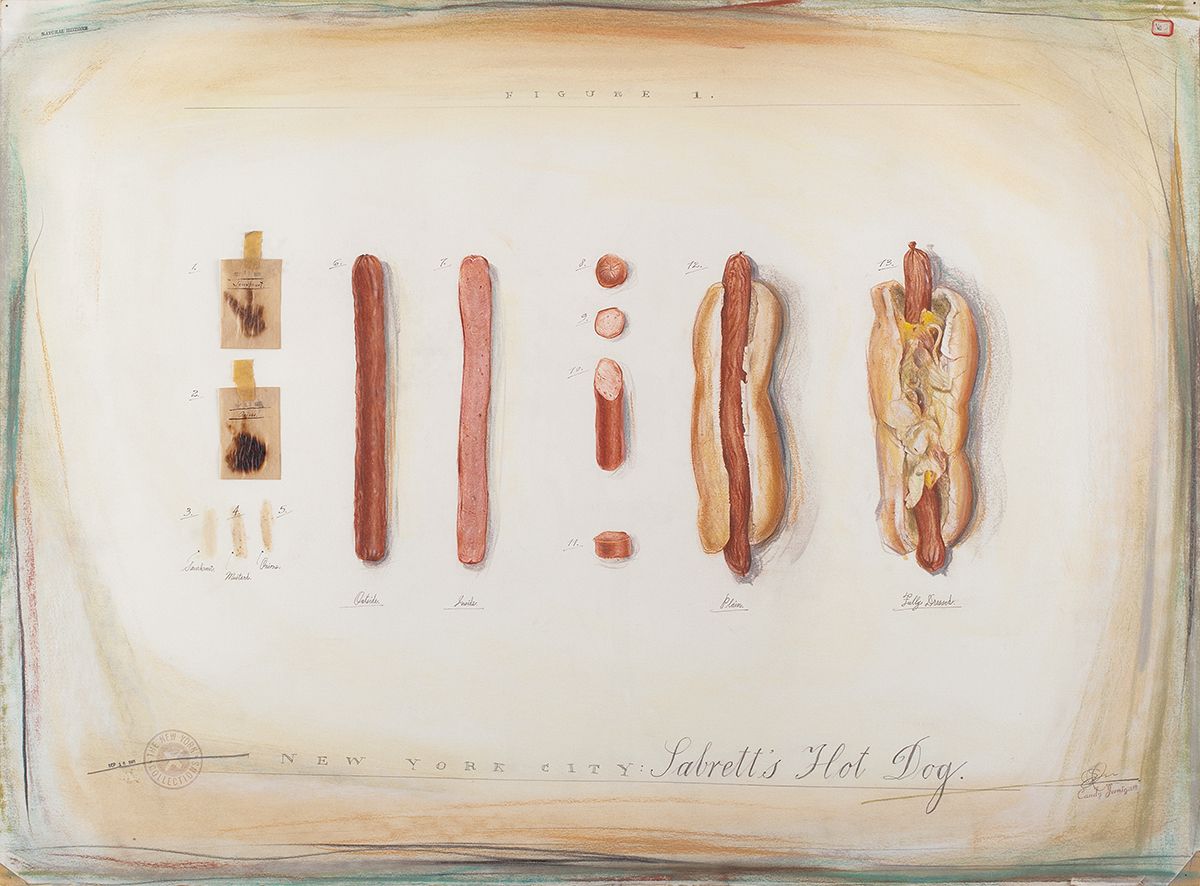 Candy Jernigan, THE NEW YORK COLLECTIONS, Sabrett's Hot Dog, September 16 1985, Pastel, pencil, rubber stamps, and food smears on paper, 26 x 34 x 1 inches (66 x 86.4 x 2.5 cm)