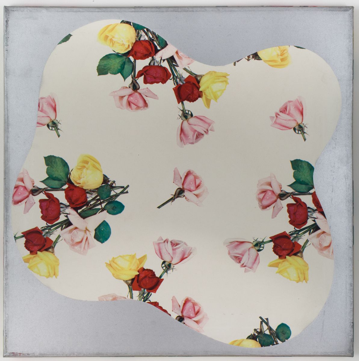 Konrad Lueg, Untitled (Gemusterte Plastikfolie, Rosen), 1966, Plastic film on wood, 19 3/4 x 19 5/8