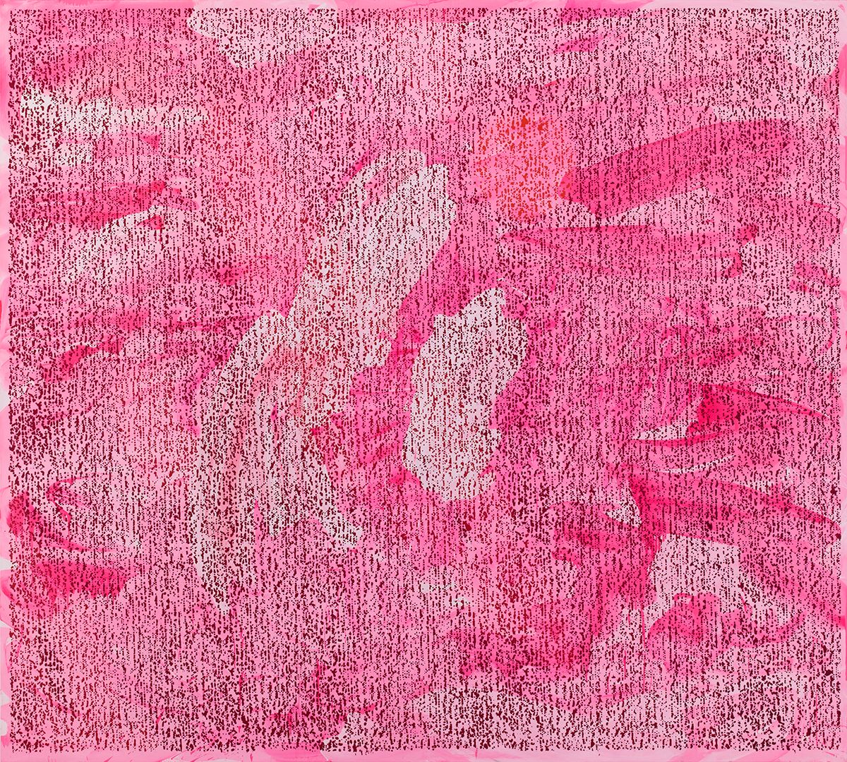 Jacqueline Humphries { }, 2014 Oil and enamel on linen 100 x 111 inches (254 x 281.9 cm)