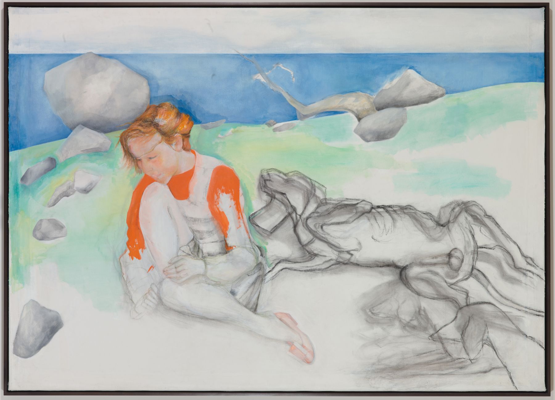 Katharina Wulff Maedchen mit Jagdhunden (Girl with Hunting Dogs), 2010 Oil and charcoal on canvas 52 1/2 x 73 3/4 inches (133.4 x 187.3 cm)