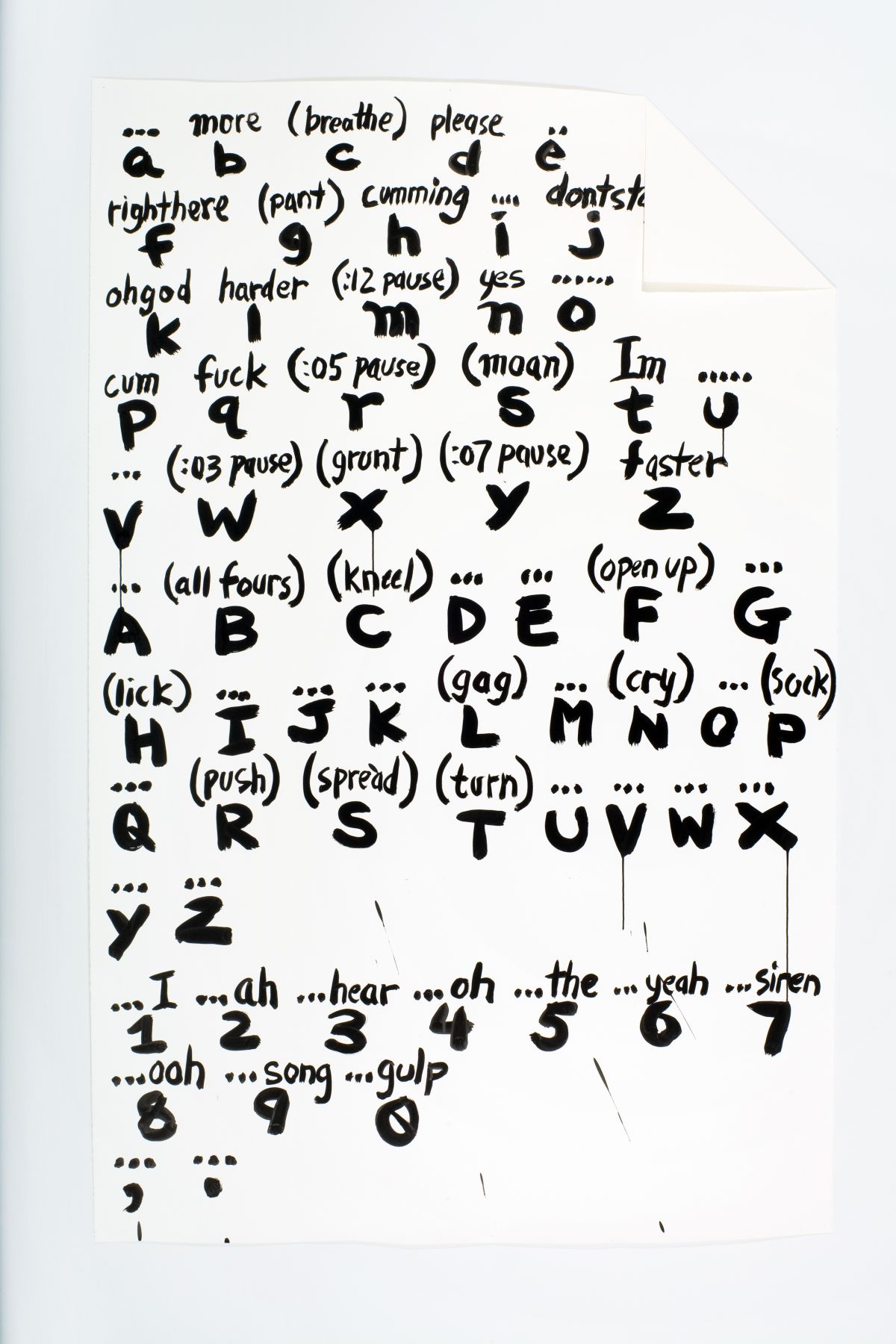 The body of Oh Man (truetype font), 2008, ink on paper and mixed media, 91 x 58 3/4 inches (framed)