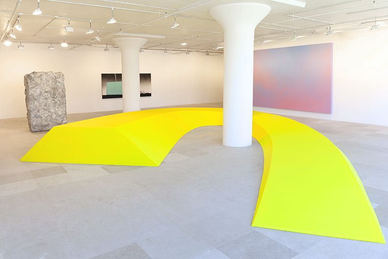 Some Dreamers of the Golden Dream, Lutz Bacher, Reflex Yellow, 2008, Wood, hardware, and paint, Dimensions variable