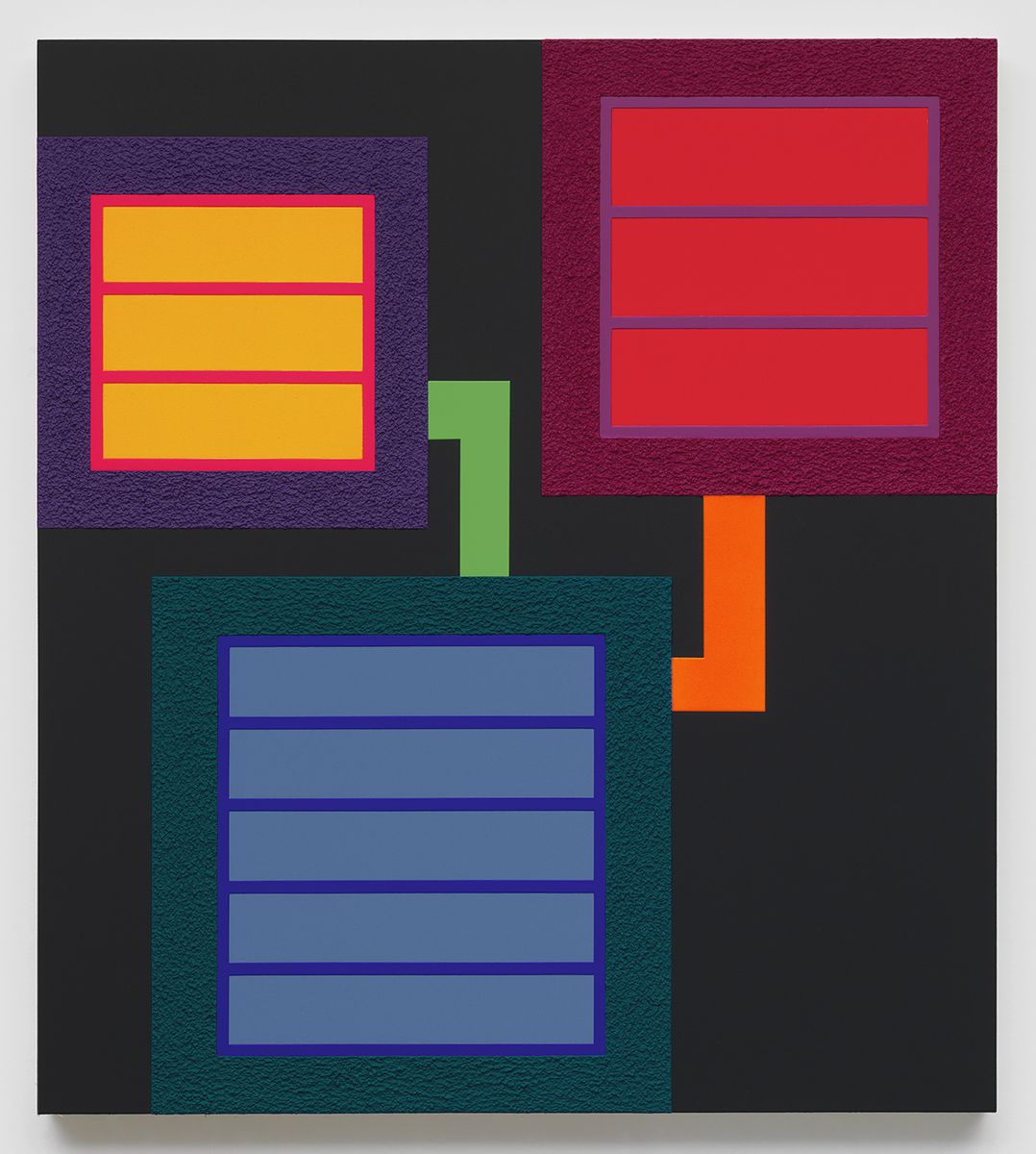 Peter Halley, Rift, 2017 Acrylic, fluorescent acrylic, Flashe, and Roll-A-Tex on canvas 66 x 59 inches (167.6 x 149.9 cm)