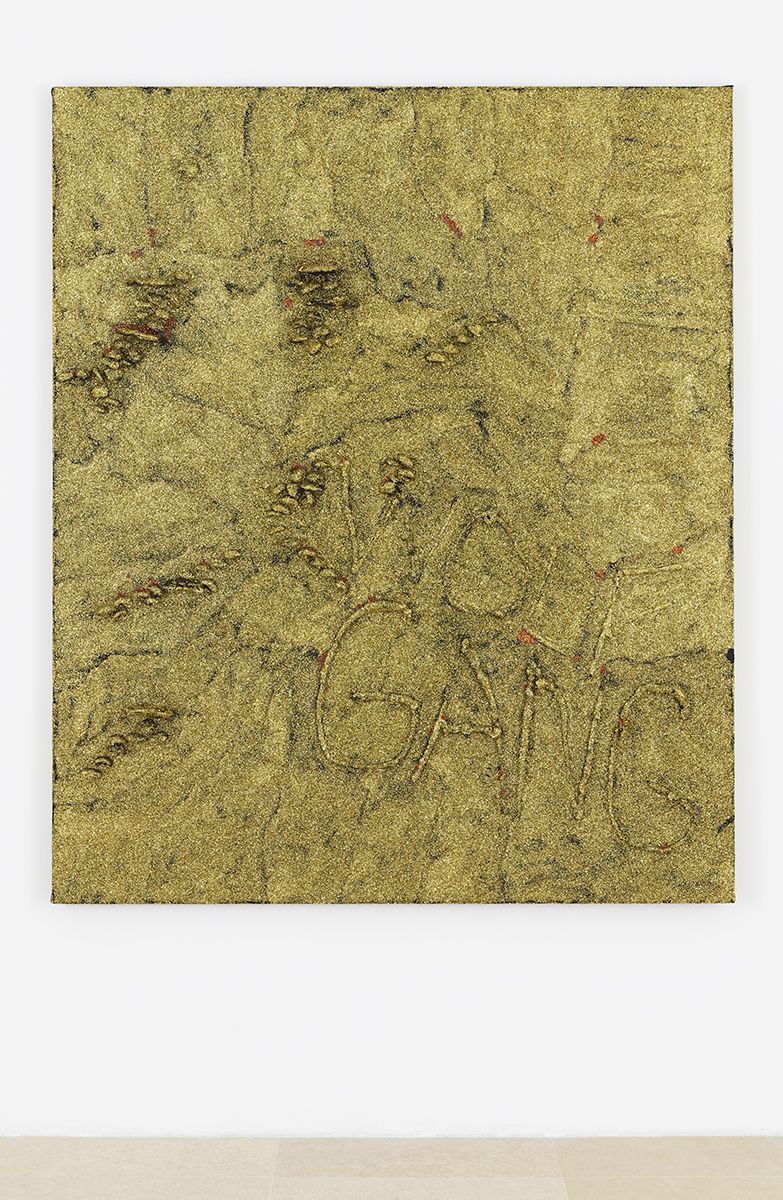 Mathieu Malouf Wolfgang, 2017 Dried stabilized fungi, metallic glitter and polymer paint on raw Belgian linen 60 x 72 x 3 3/4 inches (152.4 x 182.9 x 9.5 cm)