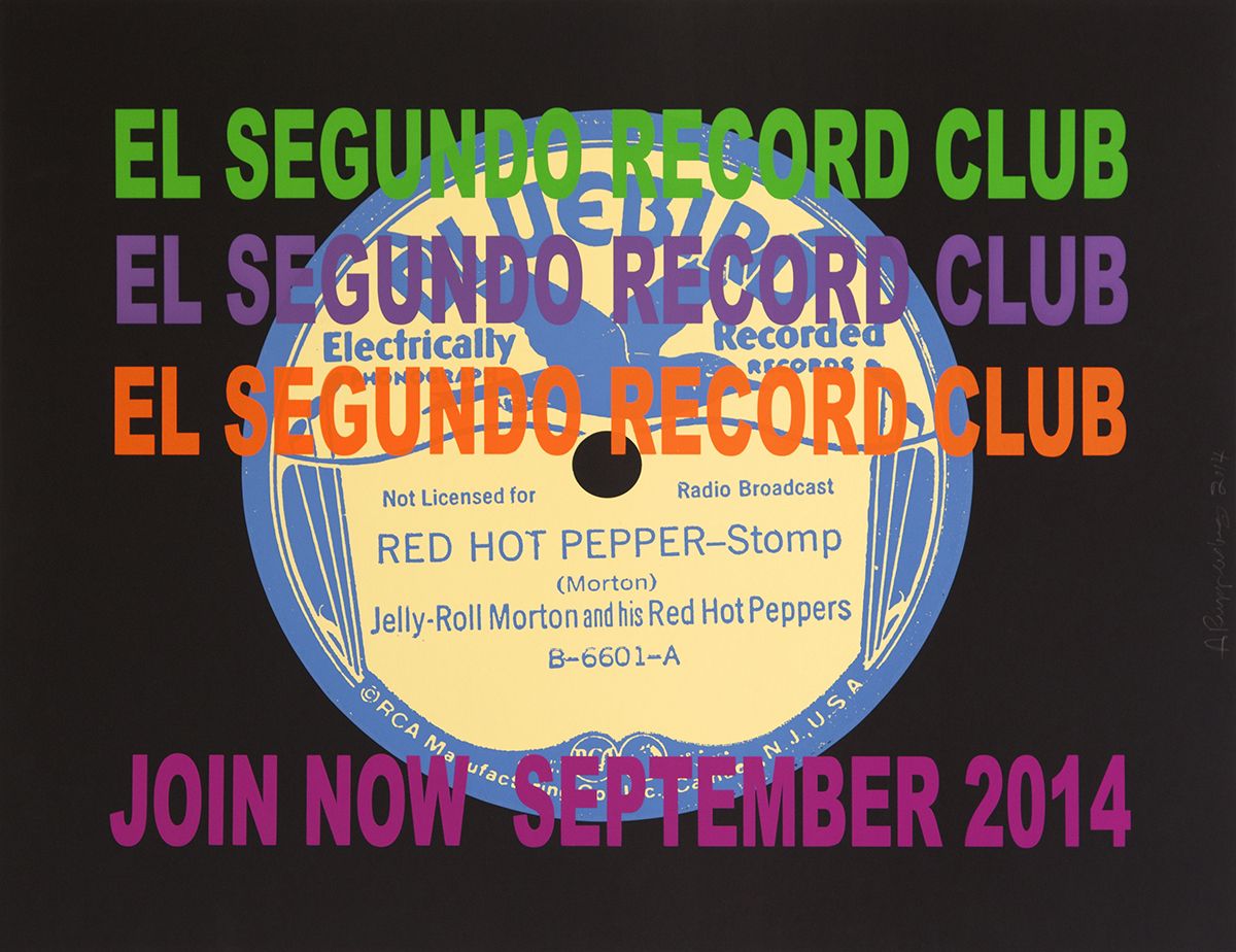 Allen Ruppersberg El Segundo Record Club (Blue Bird), 2014 Silkscreen Paper: 35 1/4 x 44 1/8 inches (89.5 x 112.1 cm) Frame: 37 3/4 x 46 7/8 inches (95.9 x 119.1 cm)