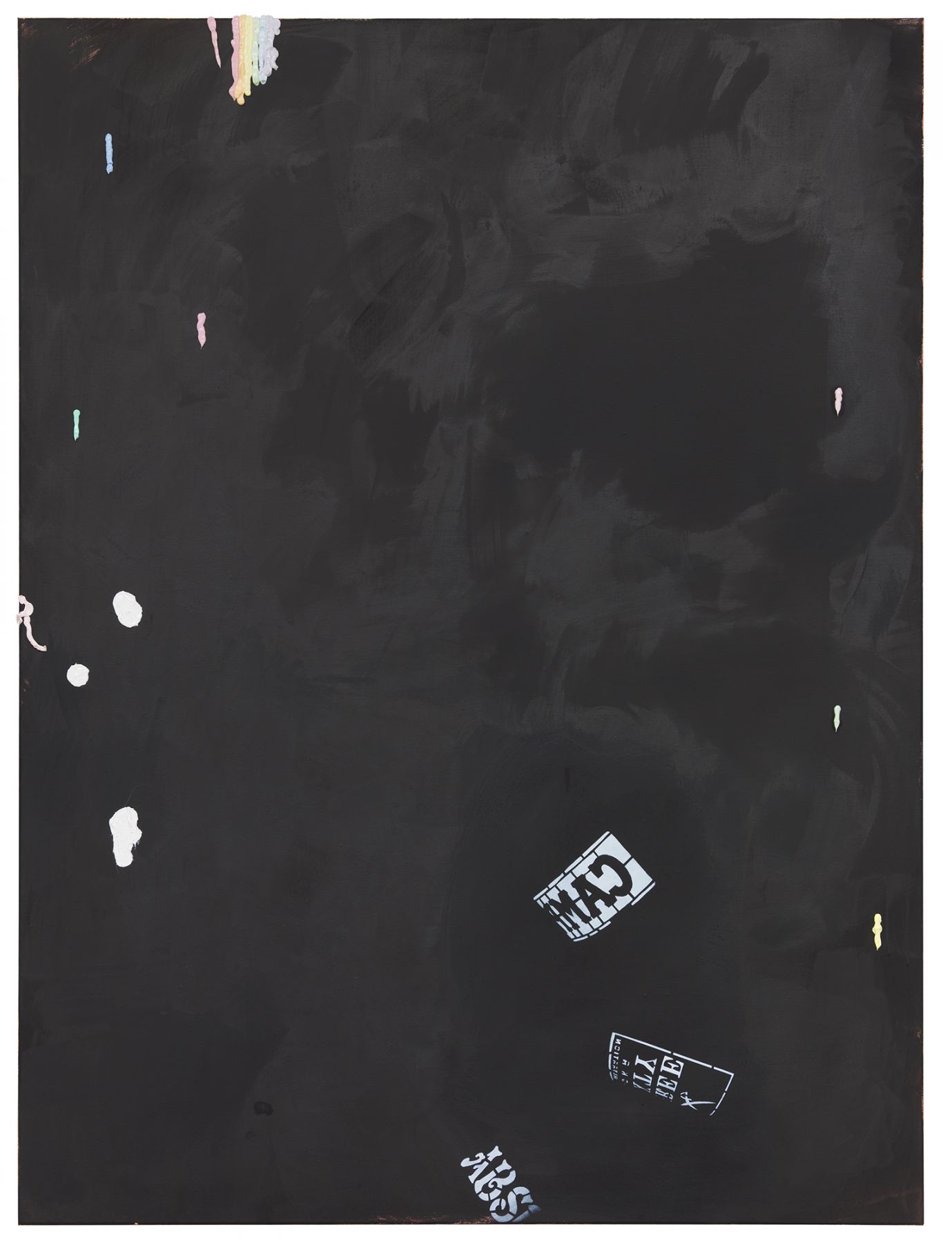 Monika Baer on (dregs), 2015 Acrylic, ink, oil on canvas 70 3/4 x 53 1/4 inches (180 x 135 cm)