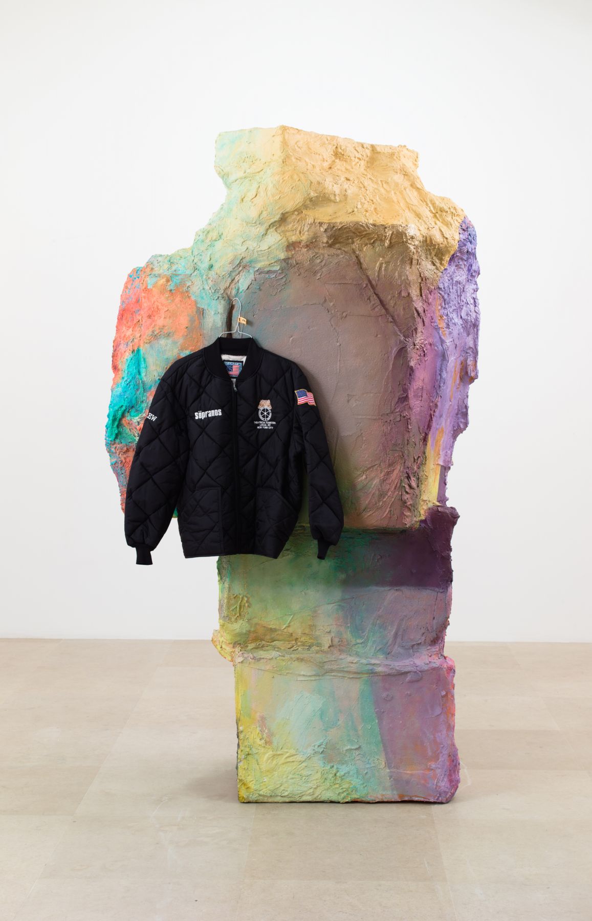 Rachel Harrison American Bar, 2014 Wood, polystyrene, cardboard, cement, acrylic, jacket, hanger, and kitchen scrubber 92 x 53 x 28 inches (233.7 x 134.6 x 71.1 cm)