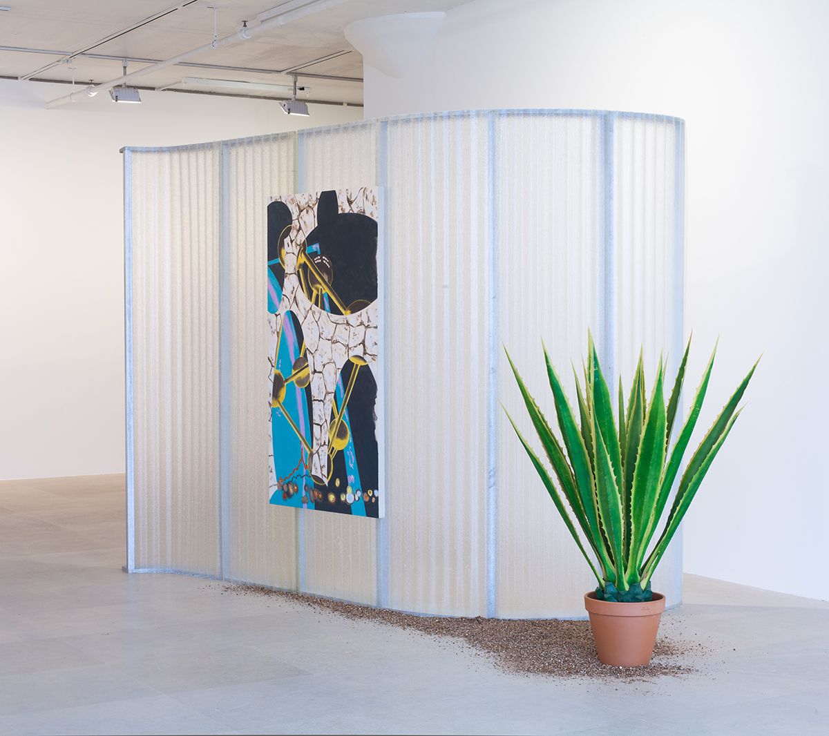 William Leavitt, Body Space, 2012, Acrylic on canvas, fiberglass, wood, artificial, plant, and vermiculite, 89 3/4 x 156 x 73 inches