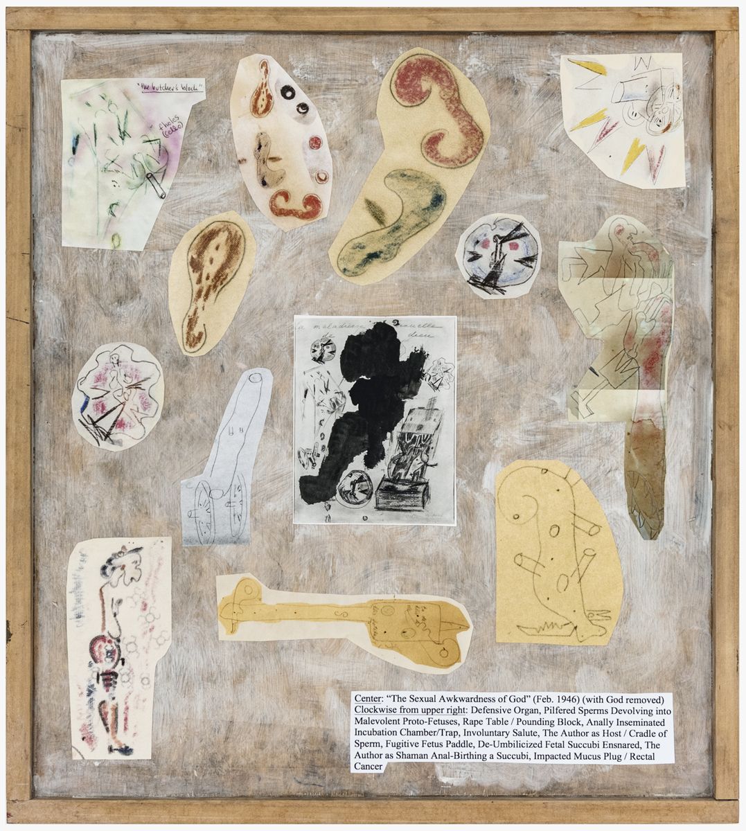 After Artaud: The Sexual Awkwardness of God, Stages of Succubal Development, 2019, Acrylic and collage on panel, 25 3/4 x 22 3/4 x 1 1/2 inches (65.4 x 57.8 x 3.8 cm)