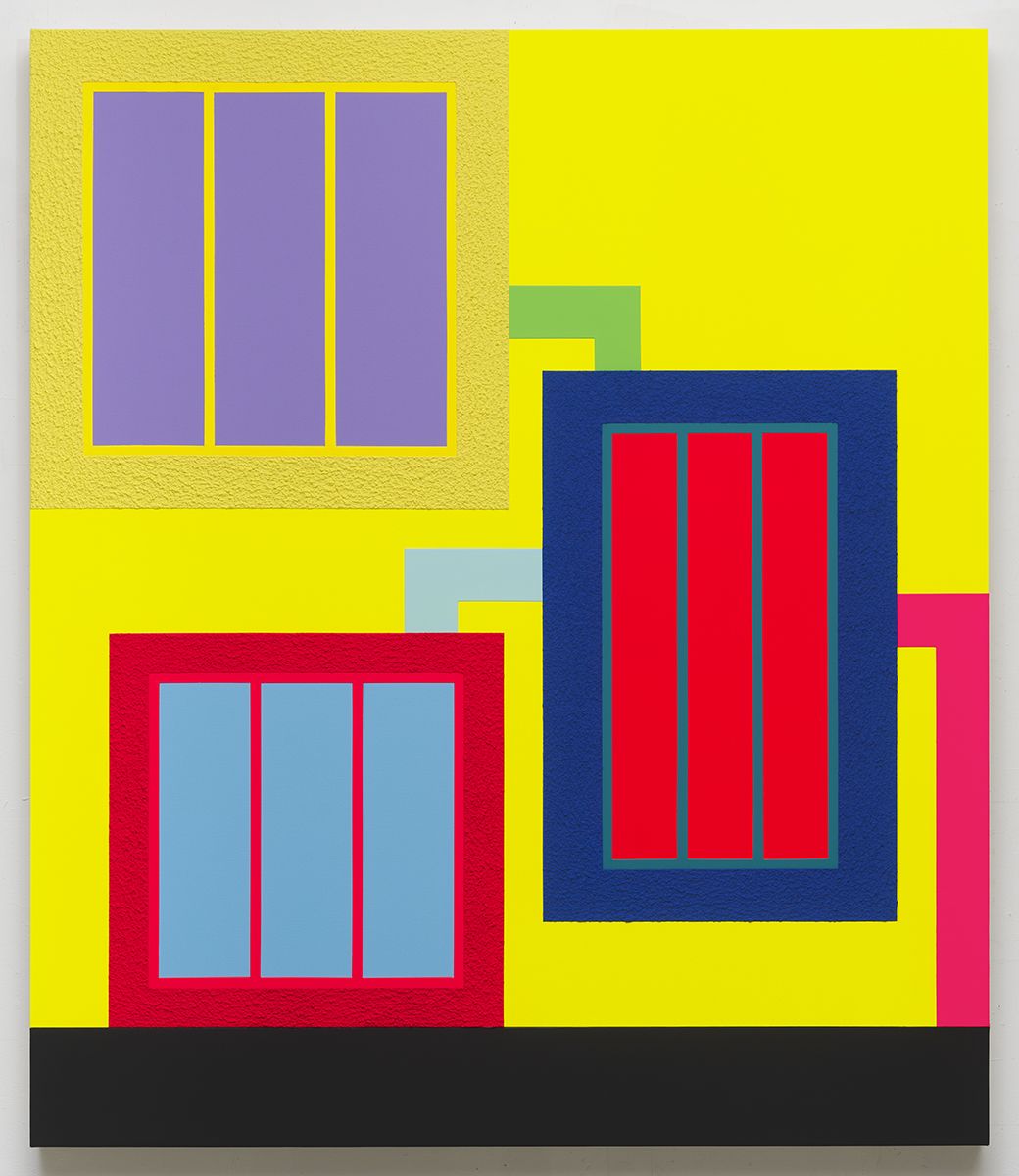 Peter Halley, Trouble, 2017 Acrylic, fluorescent acrylic, Flashe and Roll-A-Tex on canvas 86 x 73 inches (218.4 x 185.4 cm)
