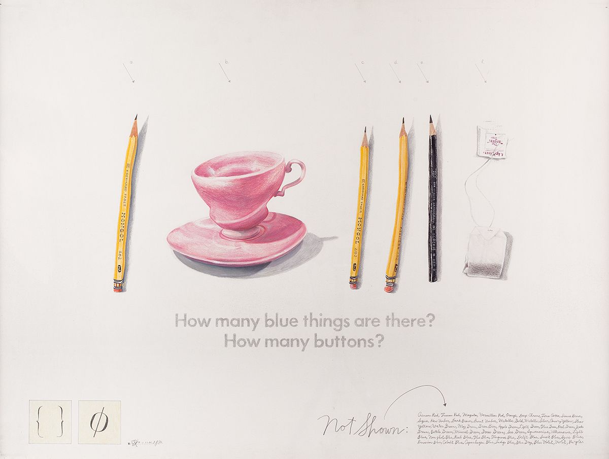 Candy Jernigan, How many blue things?, 1988, Graphite and colored pencil on paper, Paper: 22 x 30 inches (55.9 x 76.2 cm), Framed: 26 1/2 x 33 3/4 x 3/4 inches (67.3 x 85.7 x 1.9 cm)