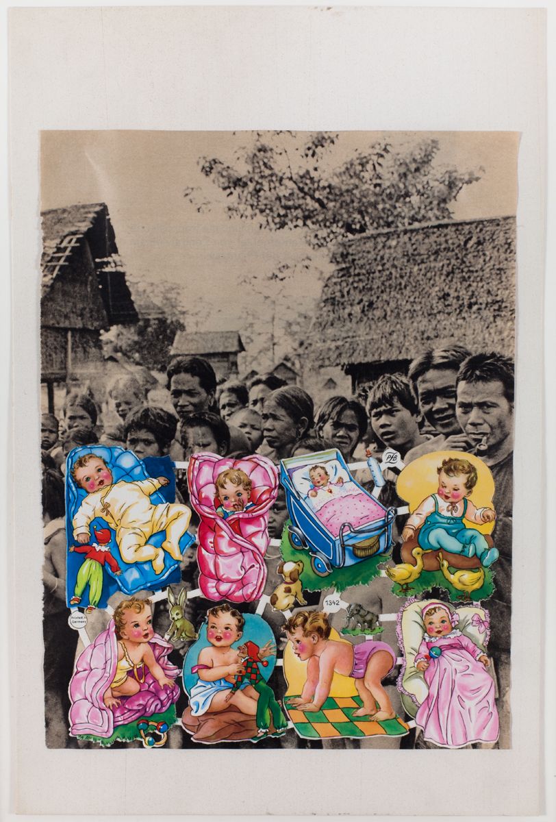 Konrad Lueg Untitled (Glanzbilder auf Vietnamesen), Unknown Collage on card Paper: 17 1/2 x 11 5/8 inches (44.5 x 29.5 cm) Frame: 20 x 14 1/8 inches (51.2 x 36 cm)