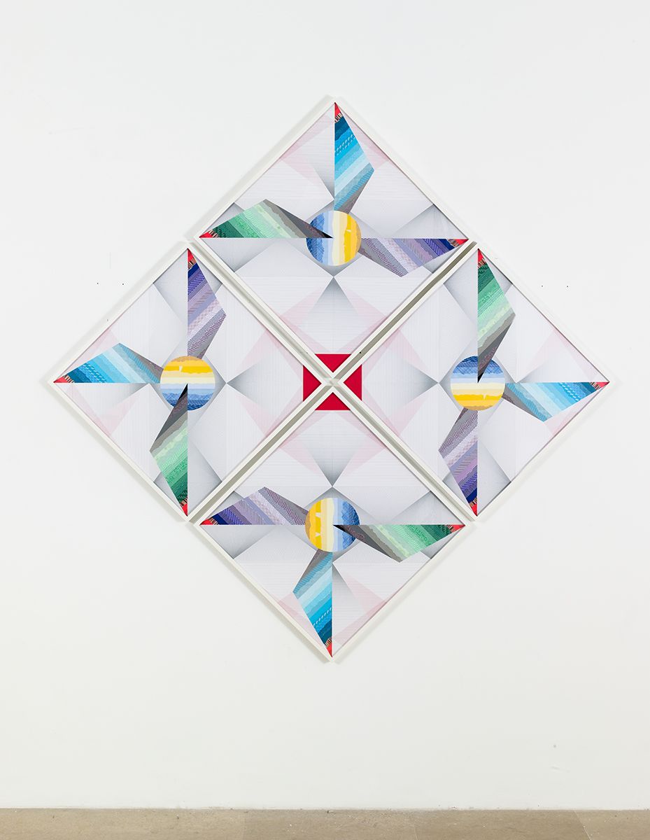 Haegue Yang Windmill - Trustworthy Triple Wings #251, 2015 Various envelope security patterns, graph paper, origami paper, framed Paper: 27 1/2 x 27 1/2 inches (70 x 70 cm) each Framed: 28 3/8 x 28 3/8 inches (72.2 x 72.2 cm) each