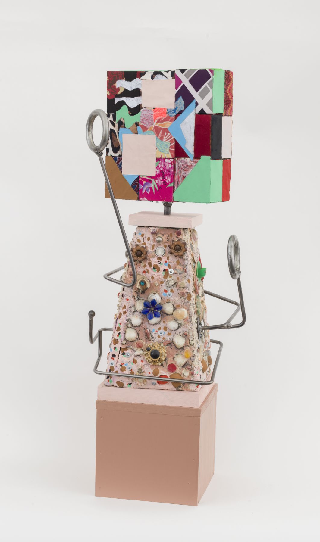 Looking for a cup of coffee, 2015-18, found base, metal rod, wooden blocks, fabric, paper, Flashe acrylic
