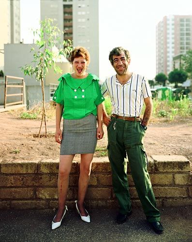 Joel Sternfeld Man and woman on their way to morning coffee, Via Sapori, Cecchignola, Rome, August, 1990