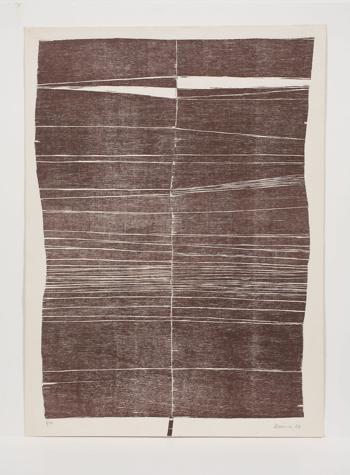 Zarina, Untitled, 1969, Woodcut printed in burnt umber on Indian handmade paper, Edition of 20