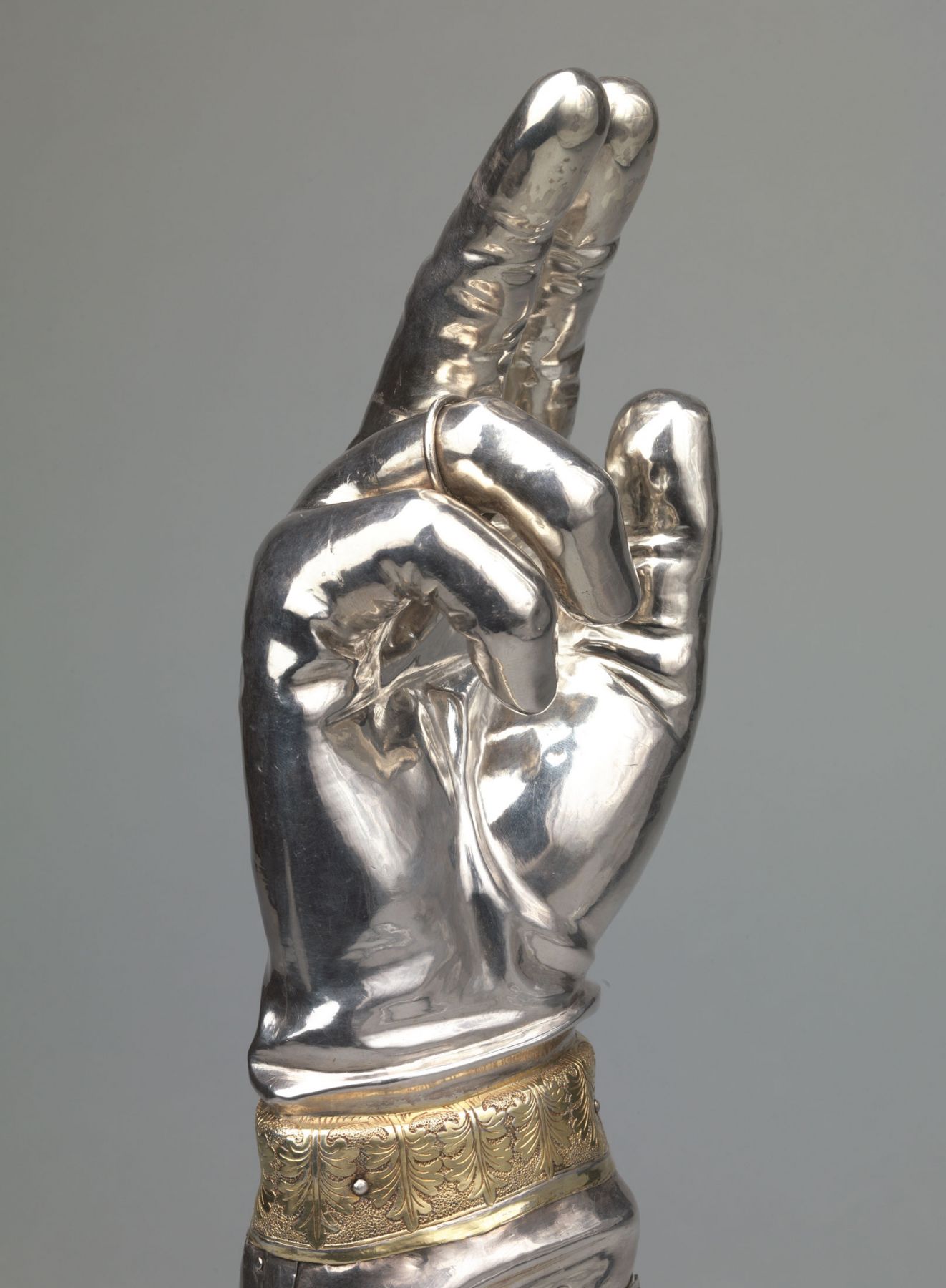 Jean Mamerot (acive Auxerre, 1535-after 1568), An arm reliquary of a bishop saint (detail)