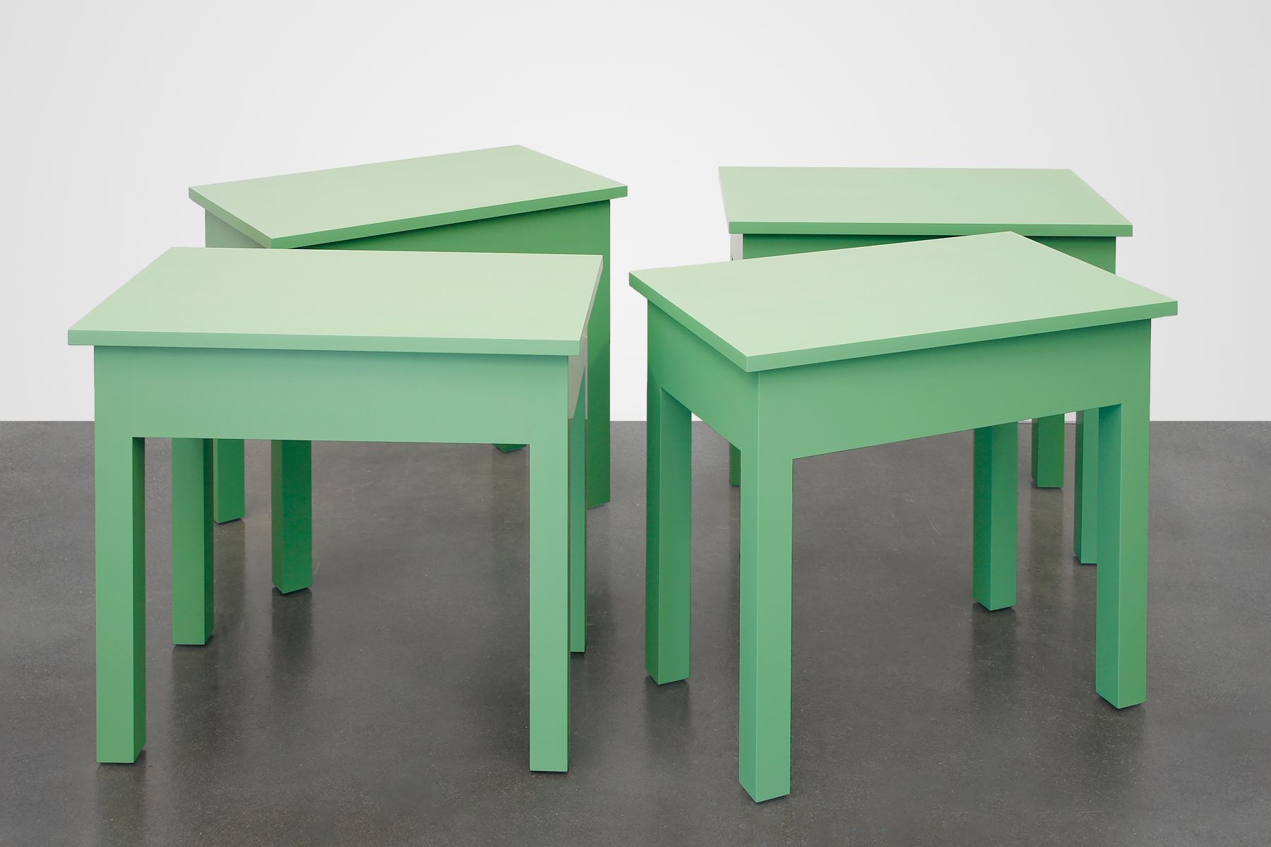 Four Green Tables (one to be used in my new home, one to be sold by a gallery and used as a table in the purchaser's home, one to be acquired by an Institution to be conserved in original condition, one to be donated anonymously to a thrift store), 2016, Enamel on eastern maple
