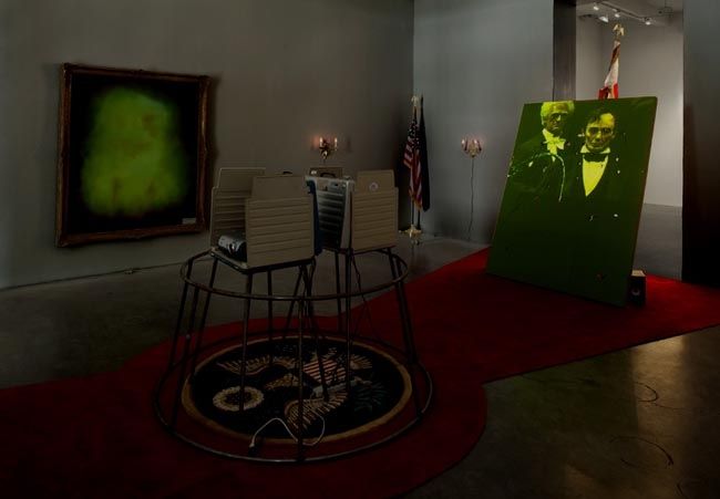 Stephen G Rhodes, Whipped Jamboree - Interregnum Repetition Restoration (Whipped Lincoln) and Interregnum Repetition Restoration (Whipped Washington), 2008. Unique dual channel video with voting booth and mixed media, dimensions variable. MP 5