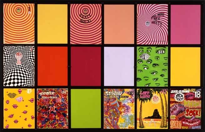 Missing Time Color Exercise(Reversed) No. 6 (Order Adjustment/Resonating Hot Pinks), 2002. Acrylic on wood panels, magazines, wood, plexi-glass, 34 1/4 x 56 inches. MP 02-09