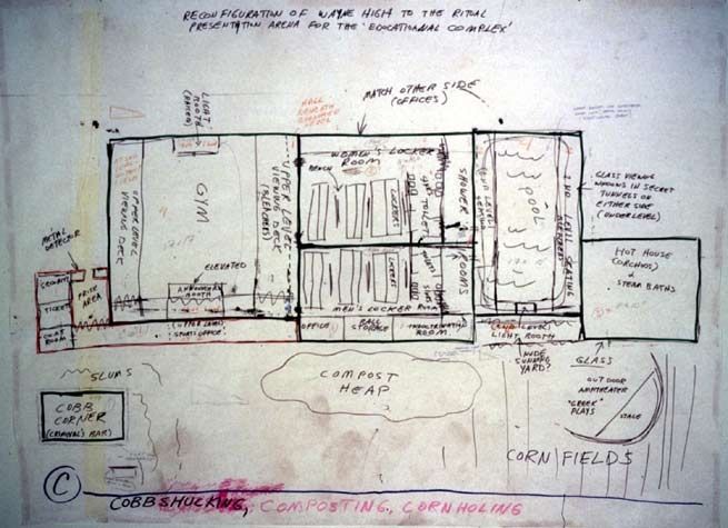 Repressed Spatial Relationships Rendered as Fluid, No. 3: Reconfiguration of Wayne High into the Ritual Presentation Arena of the Educational Complex, 2002. Mixed media on butcher paper mounted on rag paper, 48 x 66 1/2 inches. MP 02-15A